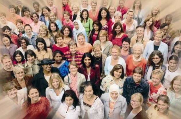 Large group of women look up into the camera.